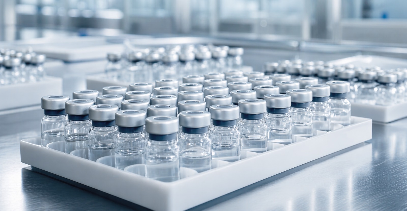 Small pharmaceutical vials arranged in clean trays